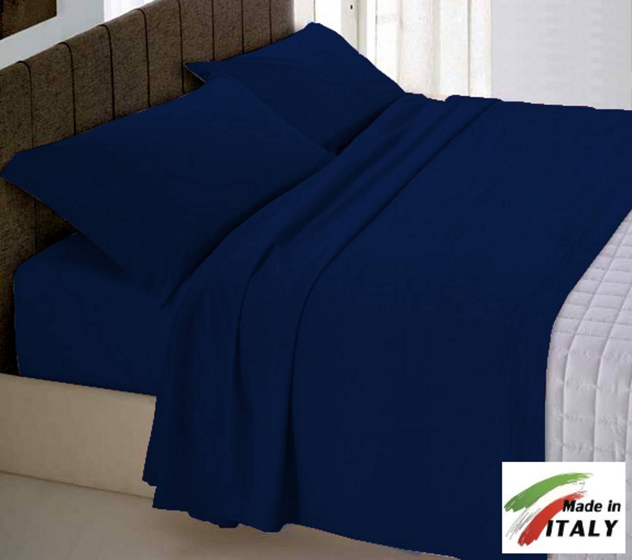Completo Lenzuola Made in Italy 100% cotone Tinta Unita BLU